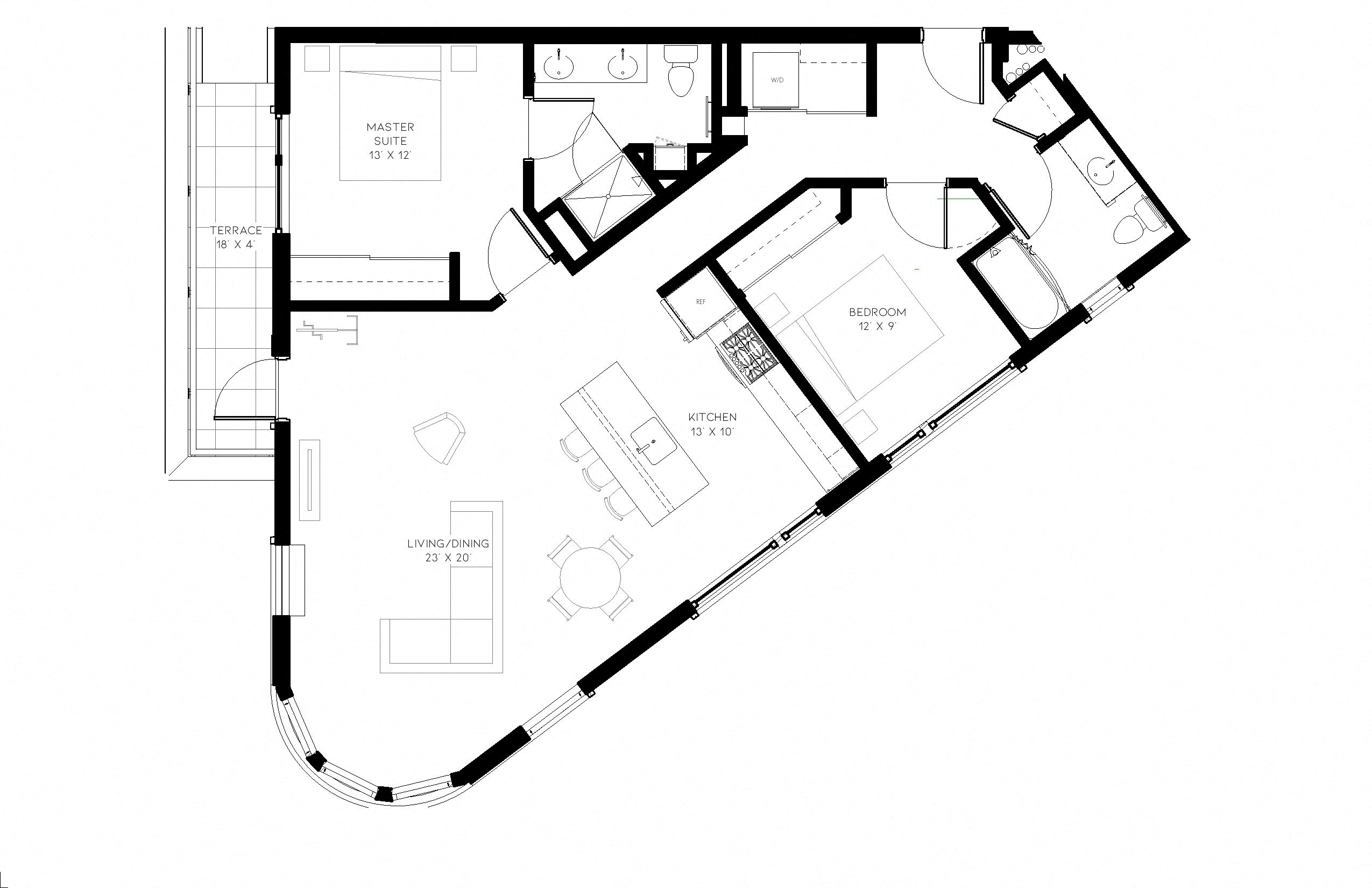 Floor plan for 2 beds, 2 baths, 1153 sqft